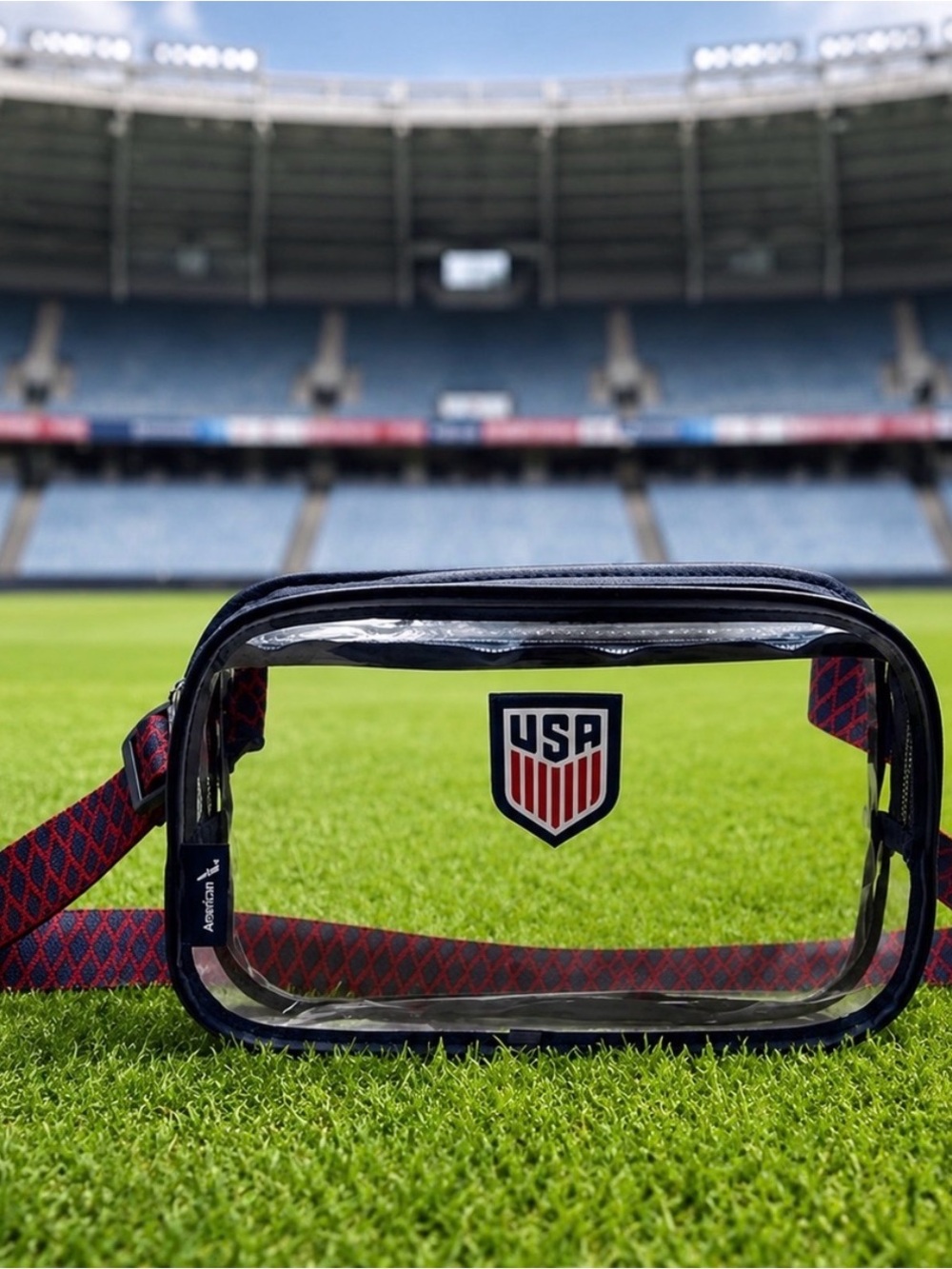 USA Clear Belt Bag with Navy Trim and Red-Pattern Strap